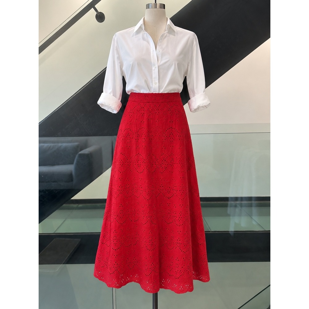 The Commense Red Eyelet Lace Maxi Skirt High Waisted A-Line XS NWT